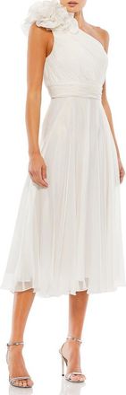 Mac Duggal Rosette One Shoulder Tea Length Dress in White at Nordstrom, Size 2