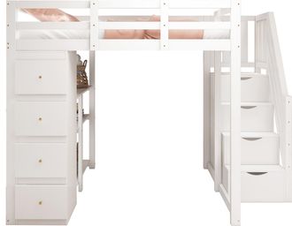 STILVORA Cama Alta 140 X 200 Cm Con 4 Cajones, Estantes Y Escalera Con Almacenamiento, Sin Colch&oacute;n, De Madera, Blanco