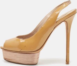 Le Silla Beige Patent Leather Slingback Platform Sandals