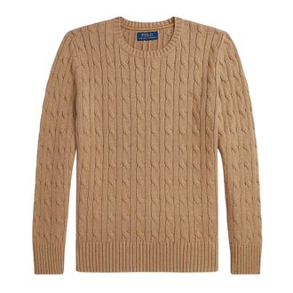 Polo Ralph Lauren Round-neck Knitwear, male, Beige, Size: S Cotton Sweater with Logo