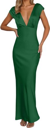 Generic Dresses Satin Prom Dresses Long Evening Party Gown V Neck Cowl Back Silk Bridesmaid Dress for Women (Green, L)