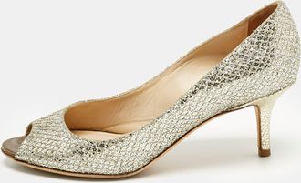 Jimmy Choo London Silver Glitter Isabel Peep Toe Pumps