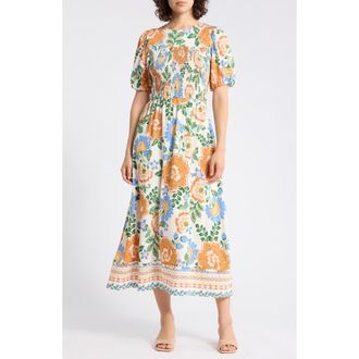 Ellen Tracy Floral Puff Sleeve Smocked A-Line Midi Dress in Marshmallow Summer Blooms at Nordstrom Rack, Size X-Large