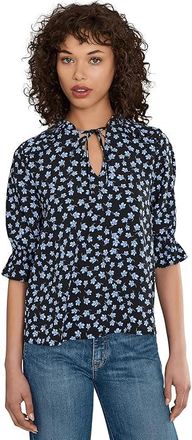 CeCe by Cynthia Steffe Elbow Sleeve Split-Neck Blouse Womens Clothing Rich Black : MD, Polyester/Spandex