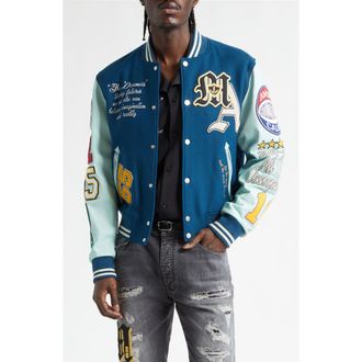 Amiri Varsity Patch Wool Blend & Leather Jacket in Blue at Nordstrom, Size Xxx-Large