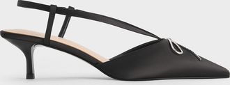 Charles & Keith Recycled Polyester Crystal-Bow Kitten-Heel Slingback Pumps