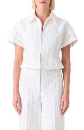 Akris Crop Cotton Fringe Jacquard Zip Jacket in Cream at Nordstrom, Size 12