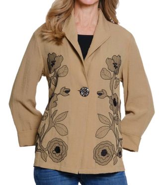 Multiples Woven Jacket With Contrast Embroidery In Tan