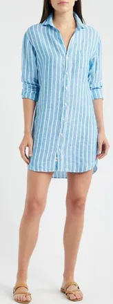 Frank & Eileen Mary Stripe Classic Long Sleeve Linen Shirtdress in Turquoise White Stripe at Nordstrom, Size Medium