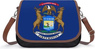 Generic Flag of Michigan Leather Crossbody Bags for Women Messenger Handbag Purse Shoulder Bag