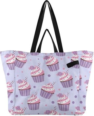 Generic Cupcakes Candies Purple print Reusable Canvas Tote Bag, Heavy Duty Grocery Shopping Bag with Hard Bottom Large Capacity Double Handles Work Groceries 