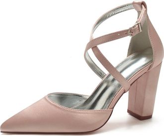 Generic Womens High Heels Satin Bridal Shoes Block Heel Wedding Shoes Pointy Toe Bridal Shoes Cross Strap Wedding Prom Party Heels 9Cm,Bean Paste,10 UK
