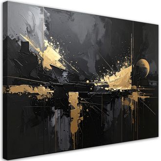 Feeby Cuadro Sobre Lienzo Abstracci&oacute;n Negra Con Reflejos Dorados 100x70