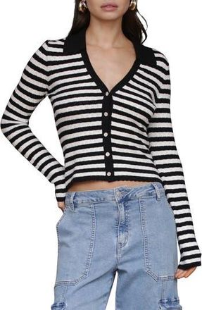 Avec Les Filles Striped Pointelle Polo Cardigan in Black/Cream at Nordstrom Rack, Size X-Small