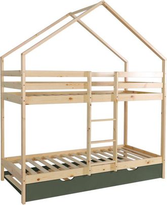 Sweeek Childrens bunk bed 90 x 190 cm natural pine with pull-out bed green 212x102x188.5 cm - Roya