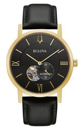 Bulova Automatic Leather Strap Watch, 42mm in Black at Nordstrom Rack