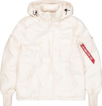 Alpha Industries Winterjacke ALPHA INDUSTRIES Hooded Logo Puffer Women, Damen, Gr. M, weiss (jet stream wei&szlig;), Obermaterial: 100% Polyester; Futter: 100% Polyester; F&uuml;