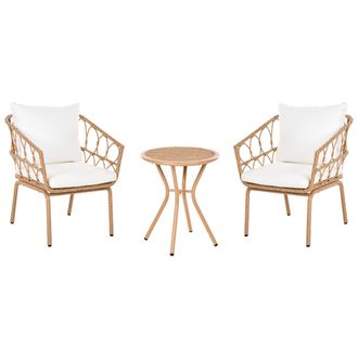Beliani Conjunto De Muebles De Balc&oacute;n 2 Sillas Y Una Mesa De Centro De Metal Para Exterior Rat&aacute;n Sint&eacute;tico Marr&oacute;n Claro Ferla