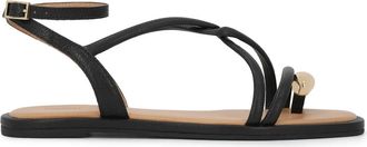Kazar Platte sandaal met versierde teenband - Dames - Sandalen - Zwart - 39 EU - Leer - Schoenen