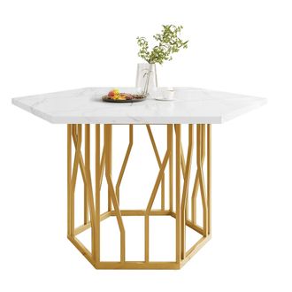 STILVORA Mesa De Comedor Hexagonal En Mdf Y Acero Con Tablero Motivo Marmoleado Y Patas De Metal Dendr&iacute;ticas - 115,5&times;100&times;75 Cm, Dorado Y Blanco