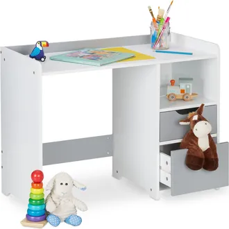 Relaxdays Relaxdays Escritorio Infantil Con Cajonera, Mesa Ni&ntilde;os Preescolar, Escuela, Dibujo, Pintura, 60 X 80 X 38 Cm, Borde Alto, Blanco Y Gris
