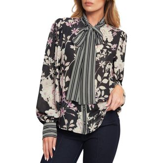 Flying Tomato Neck Tie Long Sleeve Woven Top in Black at Nordstrom Rack, Size Medium