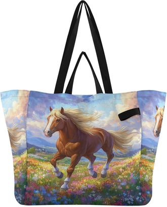 Generic Horse Flower Purple pattern Reusable Canvas Tote Bag, Heavy Duty Grocery Shopping Bag with Hard Bottom Double Handles Large Capacity Work Groceries Tr