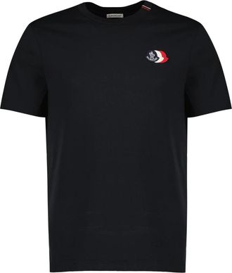 Moncler Geborduurd Tricolor Logo Katoenen T-shirt - Heren - T-shirts - Blauw - S - Katoen - Tops