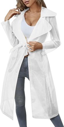 Generic Womens Fashion See Through Trench Coat - Lace Up Summer Spring Solid Sheer Mesh Long Sleeve Button Coat Shirt Outerwear Cardigan Long Jacket Fashion S
