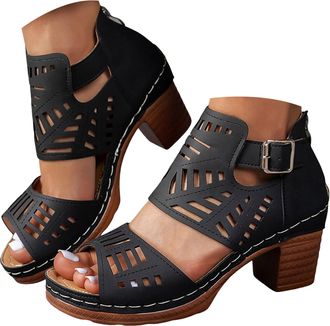 Generic Womens Platform Sandals Summer Trendy Dressy Gladiator Sandals Chunky Heel Hollow Cut Out Open Toe Stacked Heeled Booties Beach Boho Comfortable Ankle