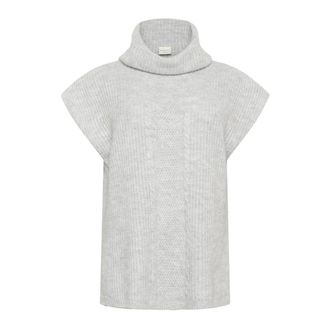 Kaffe Curve Grijze Melange Gebreide Poncho met Coltrui - Dames - Coltruien - Grijs - L - Truien & Vesten