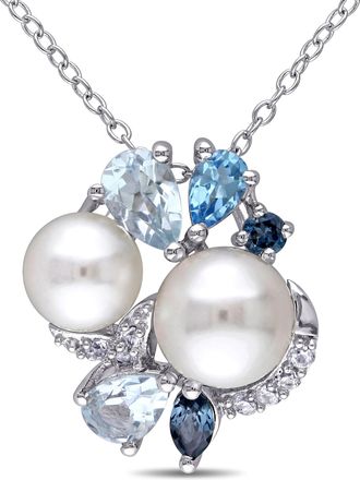 Mimi & Max London, Swiss and Sky Blue Topaz and Created White Sapphire and White Cultured Freshwater Pearl Cluster Pendant with Chain in Sterling Silver