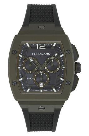 Ferragamo F-80 Tonneau Chronograph Silicone Strap Watch, mmx 42mm in Green Aluminum at Nordstrom