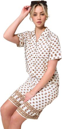 Roaman's Plus Size Linen Blend Short Sleeve Button Front Shirt in White Coneflower Border at Nordstrom, Size 30