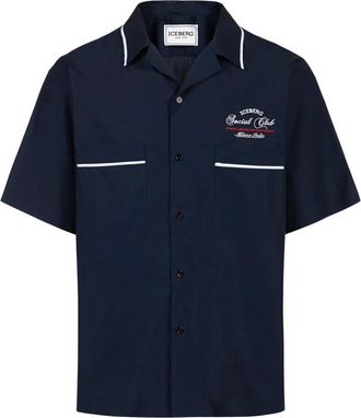 Iceberg Relaxed-fit blauw katoenen shirt met Iceberg Social Club borduursel - Heren - Korte mouwen Overhemden - Blauw - L - Katoen - Overhemden