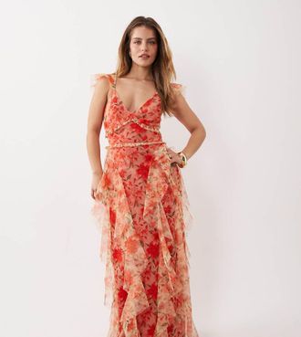 Lace & Beads Petite Vestito lungo in tulle rosso a fiori con volant-Multi