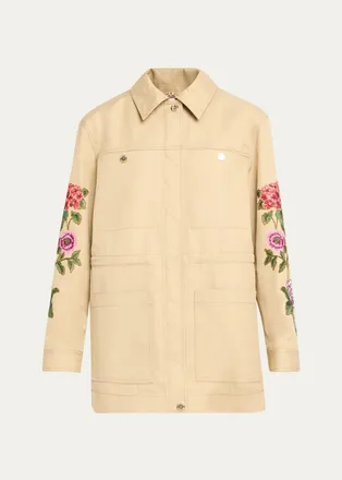 Carolina Herrera Floral Embroidered Cotton Twill Zip Utility Jacket