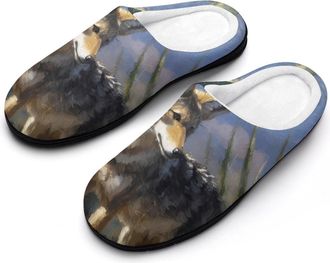 Generic Desert Wolf Cactus Slippers Men Winter Warm Cotton Anti-Slip Indoor Slip-Ons House Shoes