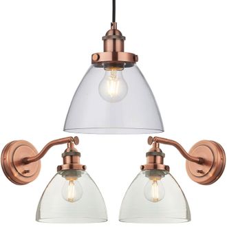Loops Ceiling Pendant & 2x Matching Wall Light Pack Aged Copper & Clear Glass Shade