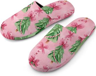 Generic Christmas Tree Candy Canes Bows Mens House Slippers Slip Indoor Slipper On Shoes Warm Outdoor