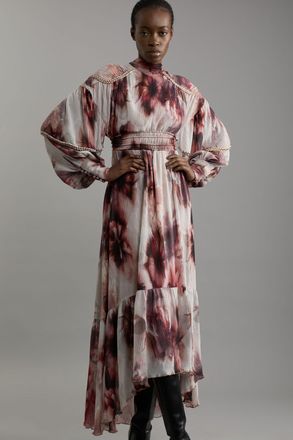 Karen Millen Womens Petite Crinkle Floral Woven Maxi Dress With Laced Back And Embellishment - Multicolour - Size 6 UK