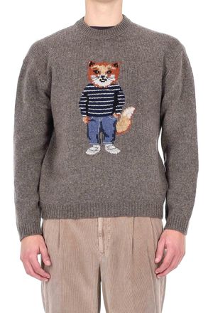 Maison Kitsun&eacute; Wool-Mohair Crewneck Sweater with Fox Jacquard