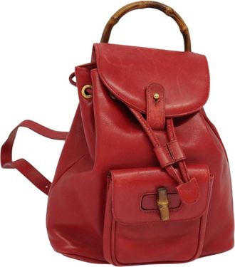 Gucci Vintage Bamboo Backpack Leather Red Leather Backpack Bag (Pre-Owned)