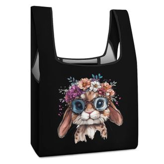 Generic Bunny Leopard Glasses with Flower Crrown Shopping Bag Reusable Grocery Tote Bag Foldable Handbag for Travel Picnic
