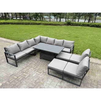 Fimous ALuminum 10 Piece Patio Set with Lifting Table, Cushions & 2 Big Stool in Dark Grey