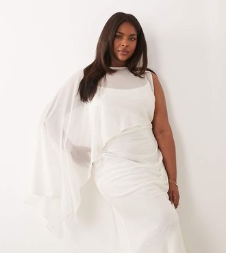 Asos Curve ASOS DESIGN - Vestito lungo monospalla asimmetrico con maniche a pipistrello e drappeggio color avorio-Bianco