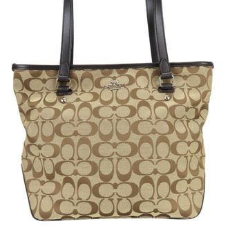 Coach Signature Beige Dark Brown Canvas Leather Tote Bag (Pre-Owned)