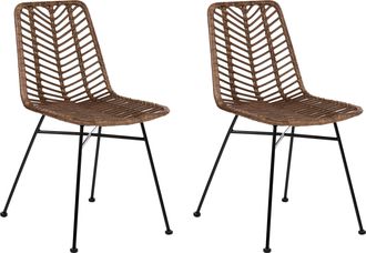 Beliani Conjunto De 2 Sillas Respaldo Y Asiento De Rat&aacute;n Sin Reposabrazos Patas De Hierro Dise&ntilde;o Boho Marr&oacute;n Dilley