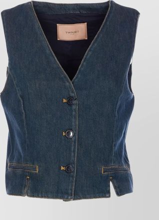 Twin-Set denim vest with front pockets and v-neckline