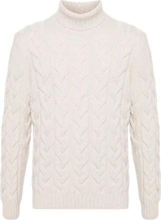La Fileria Ecru Kabel Gebreide Rolnek Sweater - Heren - Coltruien - Wit - 2XL - Wol - Truien & Vesten